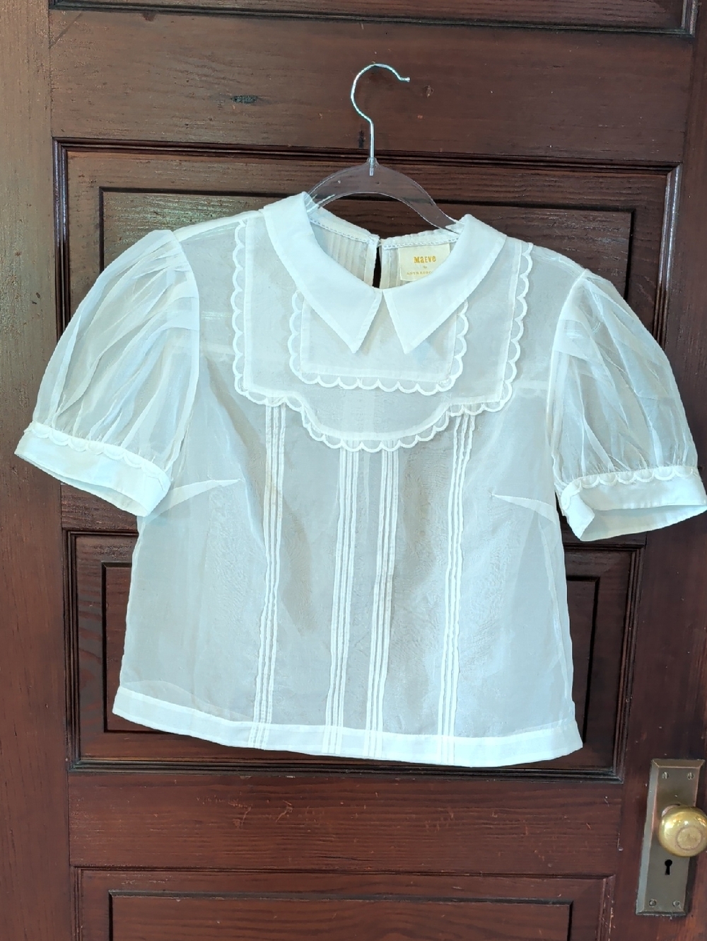 Sheer Short Puff-Sleeve Scallop Trim Blouse Peter Pan Collar Maeve Anthropologie - Picture 2 of 13